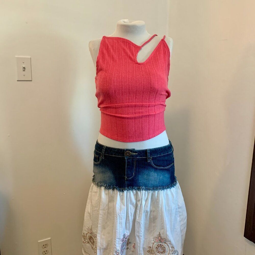 VTG YMI Lace Ruffle Denim Midi Skirt y2k 2000s 90s Western Mixed Peasant Cotton - Picture 12 of 16